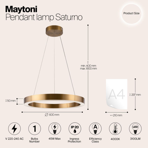 
                    Подвесная светодиодная люстра Maytoni Saturno MOD415PL-L45BS4K        
    